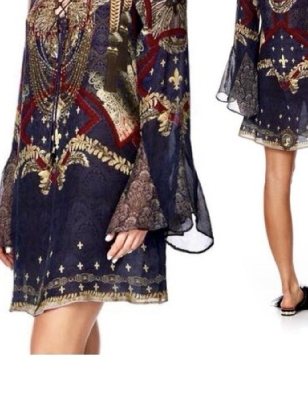 Camilla Navy Blue Gold Red Embroidered Boho Mini Dress
